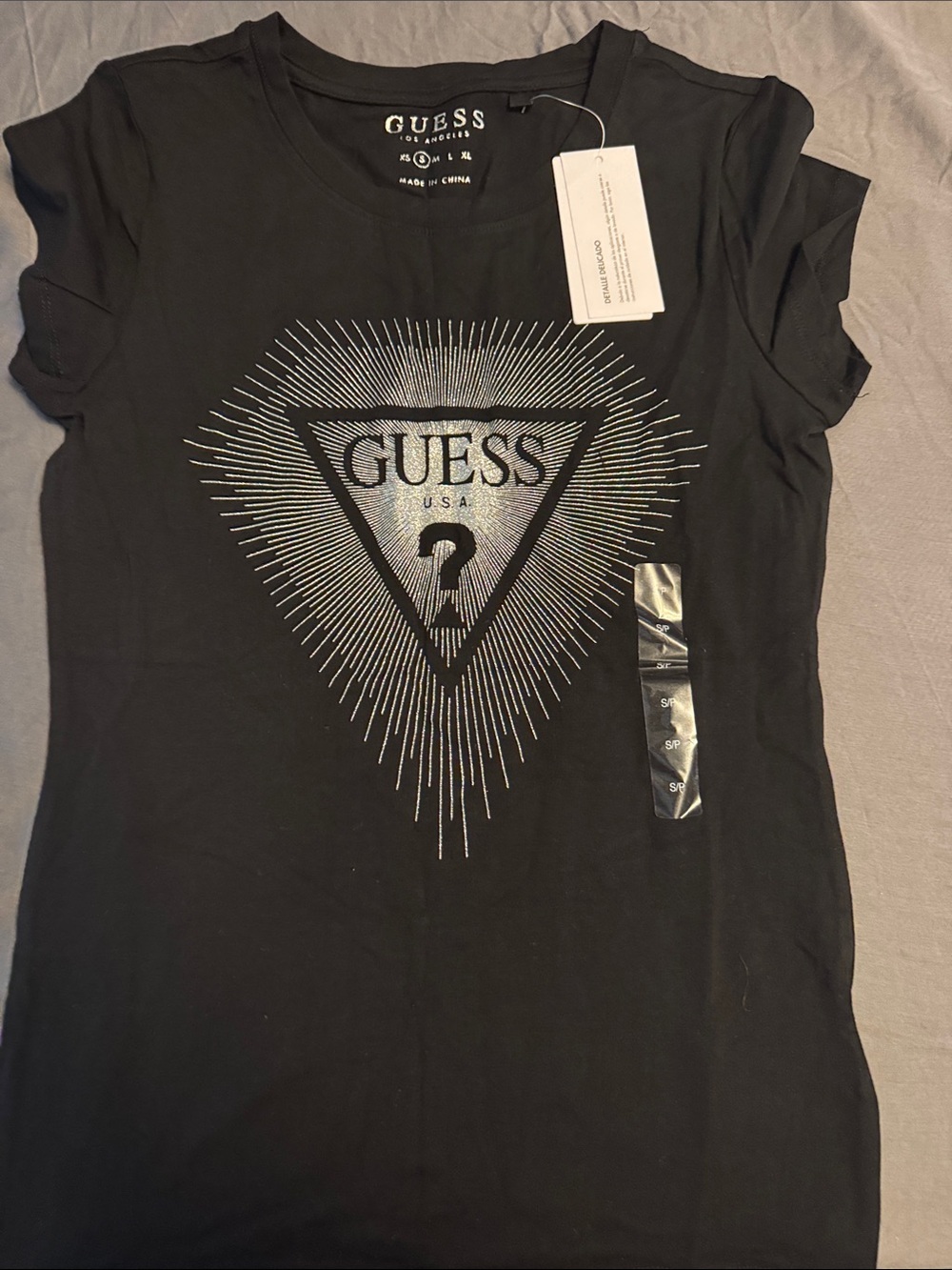 GUESS Black Short-Sleeve Logo Tee with Silver Graphic